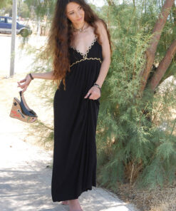 Φόρεμα Maxi Εξώπλατο με Χρυσές Λεπτομέρειες - Μαυρο
