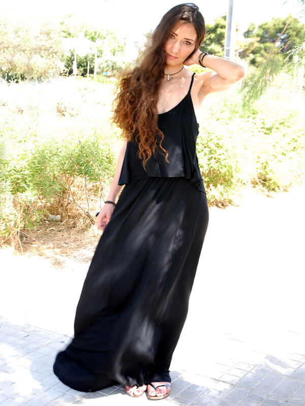 Φόρεμα Maxi με Τιραντάκι Διπλό Ύφασμα - Μαύρο